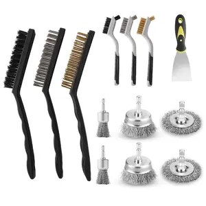 13 Pack Carbon Steel Wire Wheel Brush Set, Wire Brush for Drill, Nylon/Brass/Stainless Steel Bristles Cleaning Supplies Tools Brush for Cleaning Rust, Dirt,  Scrubbing, Kitchen,