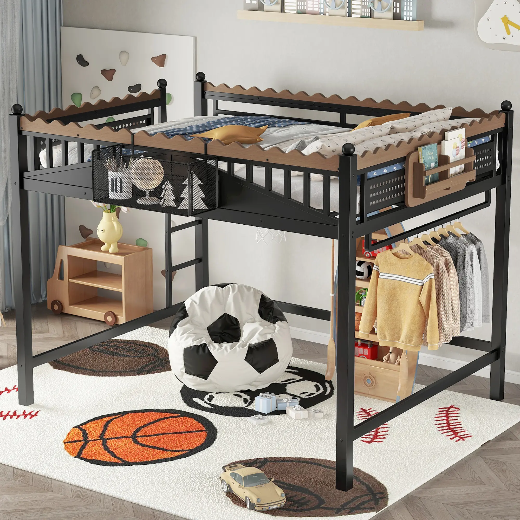 Eyisean Queen/Full/Twin XL Size Modern Metal Loft Bed, Space-Saving Bed Frame with Storage Basket & Bookshelf, Pegboard, Clothing Rack, Heavy Duty Loft Bed with Wavy Guardrails & Ladder, Easy Assembly for Bedroom, No Box Spring Needed