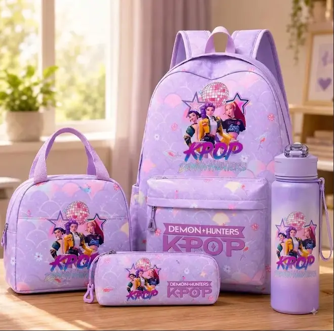 Official KPOP Demon Hunters 4pcs Backpack Set Purple Pastel Scale Pattern Travel Daypack Lunch Bag Pencil Case Water Bottle Youth Fan Gift