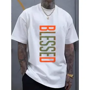 Classic Comfort: 100%25 Cotton Men's Tee Men's Plus Size BLESSED 3D Printed T-Shirt - Bold Geometric Lettering, Breathable Comfort Fit, Machine Washable Casual ShortFashion 	   Unisex T-shirts M-5XL