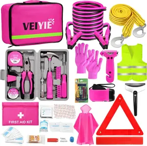Roadside Emergency Car Kit for Vehicles, Pink Car  Emergency Kit with Jumper Cables, Car Safety Kits, Tow Strap, Tool Kit, Road Trip Assistance for Men, Women,