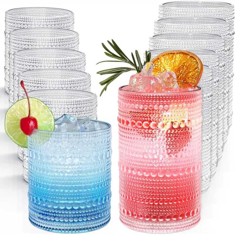 Vintage Hobnail Drinking Glasses Set of 12, 12 oz Highball Glasses & 10 oz Cocktail Glasses, Embossed Glass Cups, Clear Water Glasses Kitchen Bar Glassware Set for Beer, Juice, Cocktail, Whiskey-L