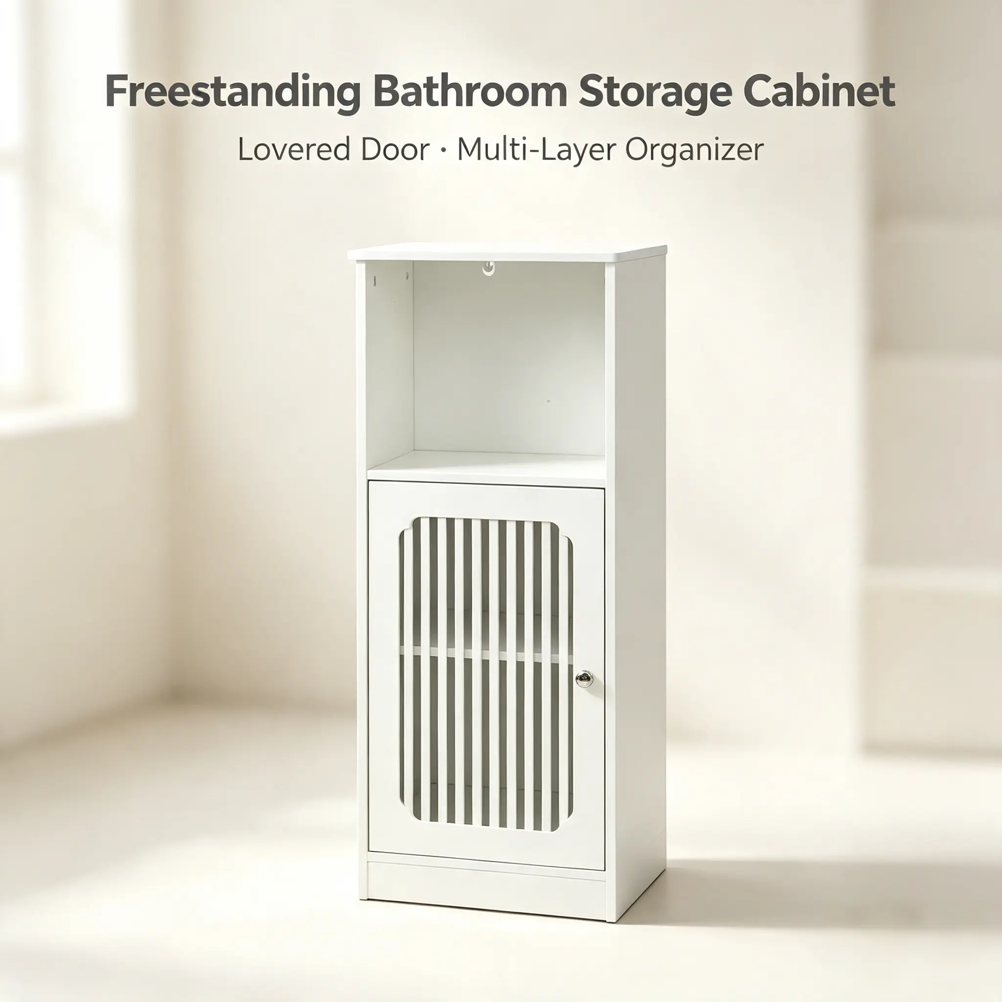 Freestanding Bathroom Storage Cabinet with Louvered Doors, Multi-Layer Wooden Bathroom Low Cabinet, Home Bathroom Organizer Storage Cupboard, white campingessentials
