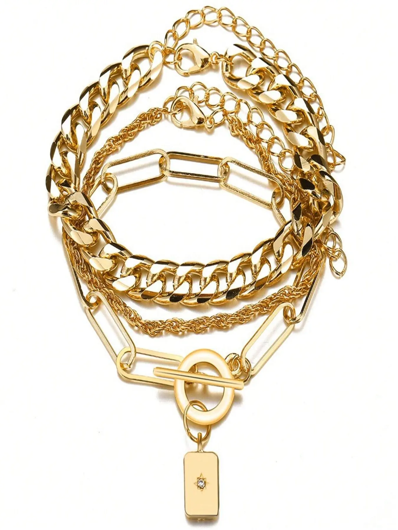3pcs Chunky Chain Personalized Bracelet Set Creative Multi-Layered Gold-Tone Chain Design With Pin & Tag Charm Edgy Stackable Fashion Accessory