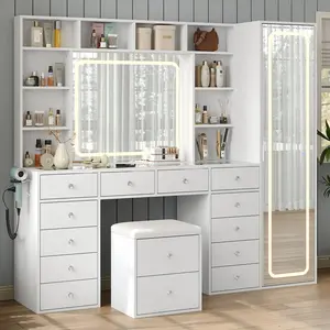 [Shipping by 3 Packages] FUSOU 2-in-1 Vanity Desk Full Length Mirror & LED Mirror with Power Outlet, Makeup Vanity 14 Drawers & 10 Shelves, Hidden Storage Capacity, Dimmable & 3 Color Lighting Dressing Table for Bedroom, White,Shipping by 3 Packages