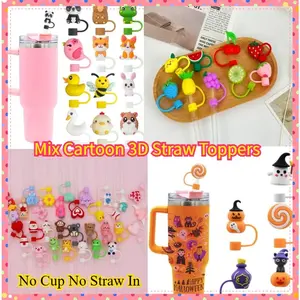 10mm 3D Straw Toppers 30pcs Random Different Cartoon Suitable for Tumble Cup Silicone Dustproof Straw Cover Cartoon Mixed Style Straw Caps Without Any Cups and Straws Only 30pcs 3D Straw Toppers