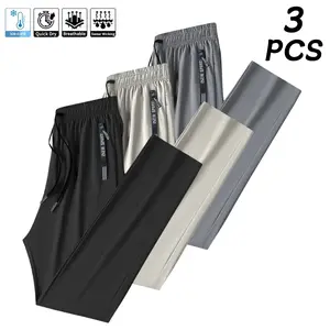 Men’s 3-Pack Ice Silk Fiber Jogging Pants – Breathable, stretchy athletic long pants with zippered pockets, suitable for running, fitness, outdoor activities, running gear, casual sportswear