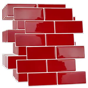 WALPLUS 6 Sheets Peel and Stick Backsplash for Kitchen Stick On Tile for Bathroom Adhesive Glossy Heat Resistant 11.8" x 11.8" Red Decor Decorative peel and