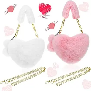 Heart Shaped Faux Fur Shoulder Bag for Women Soft Fluffy Handbag with Detachable Chain Strap for Valentine's Day Fashionable Versatile Purse