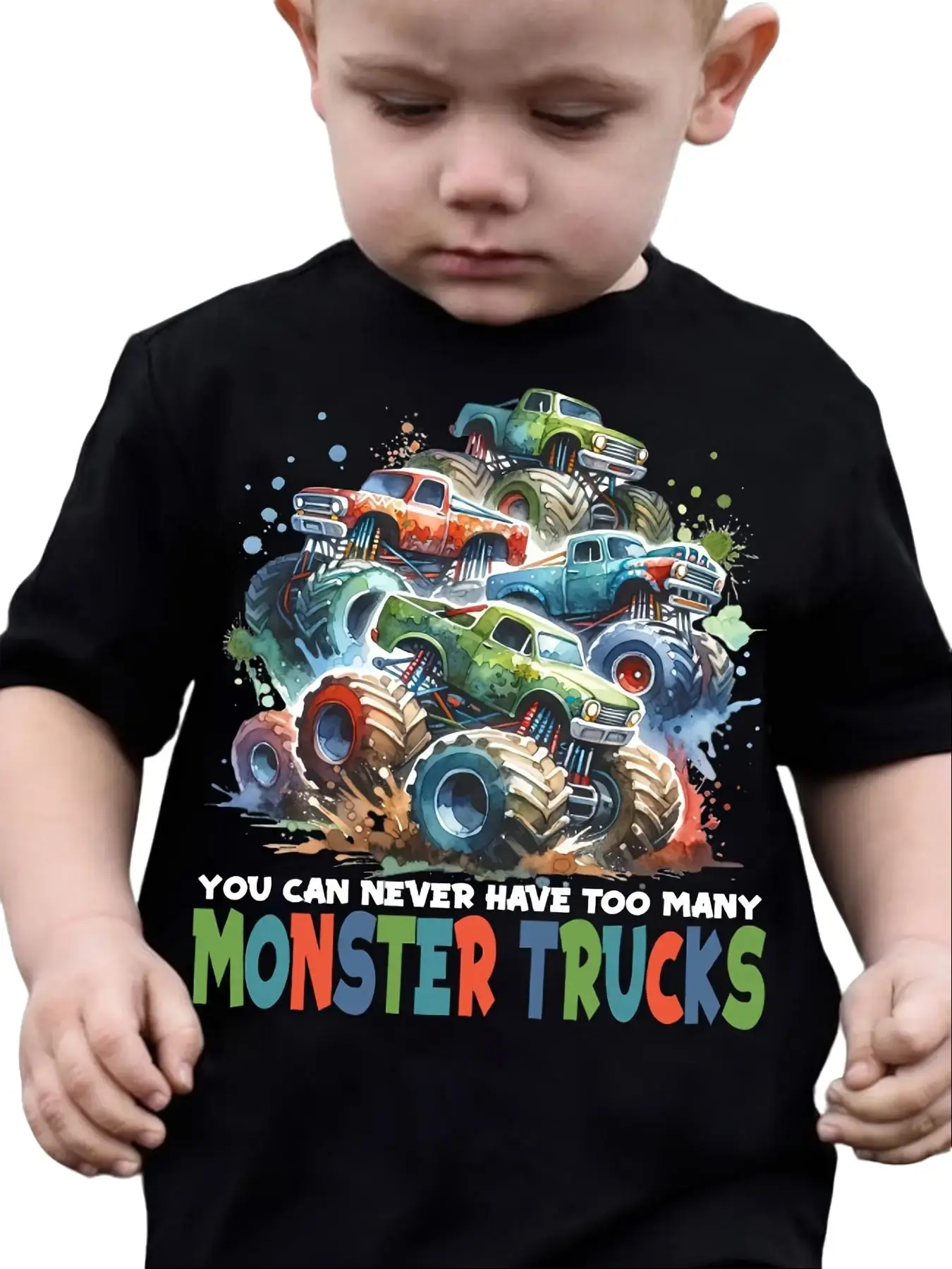 Toddler Boys You Can Never Have Too Many Monster Trucks T-Shirt, Cool Watercolor Monster Truck Graphic Tee for Kids, Little Boys Short Sleeve Cotton Shirt, Monster Truck Lover Gift for Boys