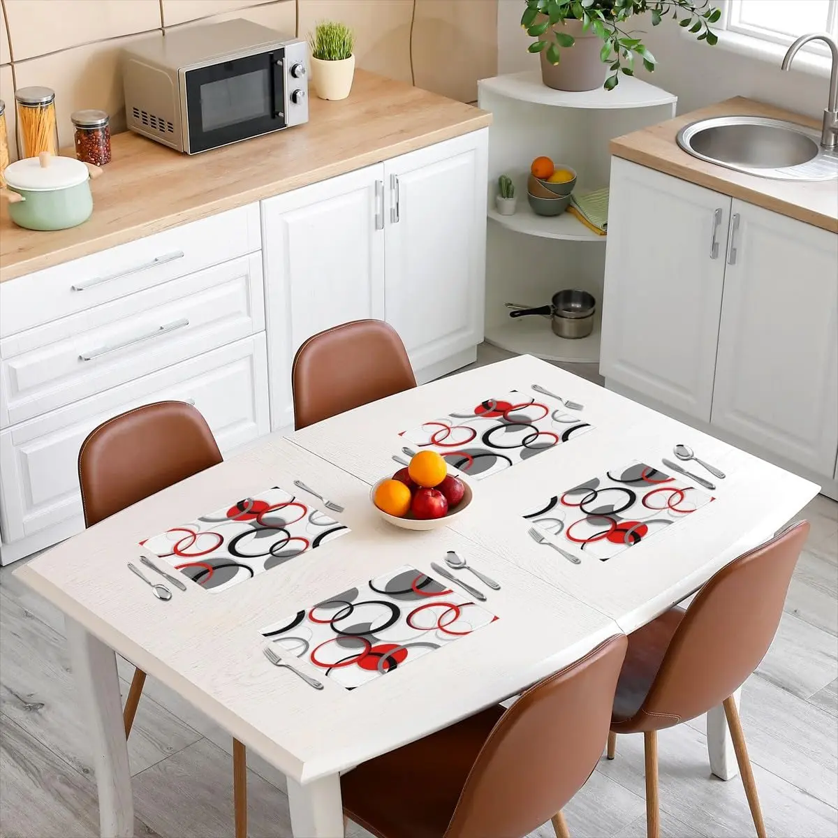 Feelyou 4-Piece Non-Slip Cloth Placemats & Coasters Set, 18"x12" Durable Polyester, Geometric Circles Print, Heat-Resistant Table Protectors, Red Black White Modern Kitchenware for Parties, Multiple Styles