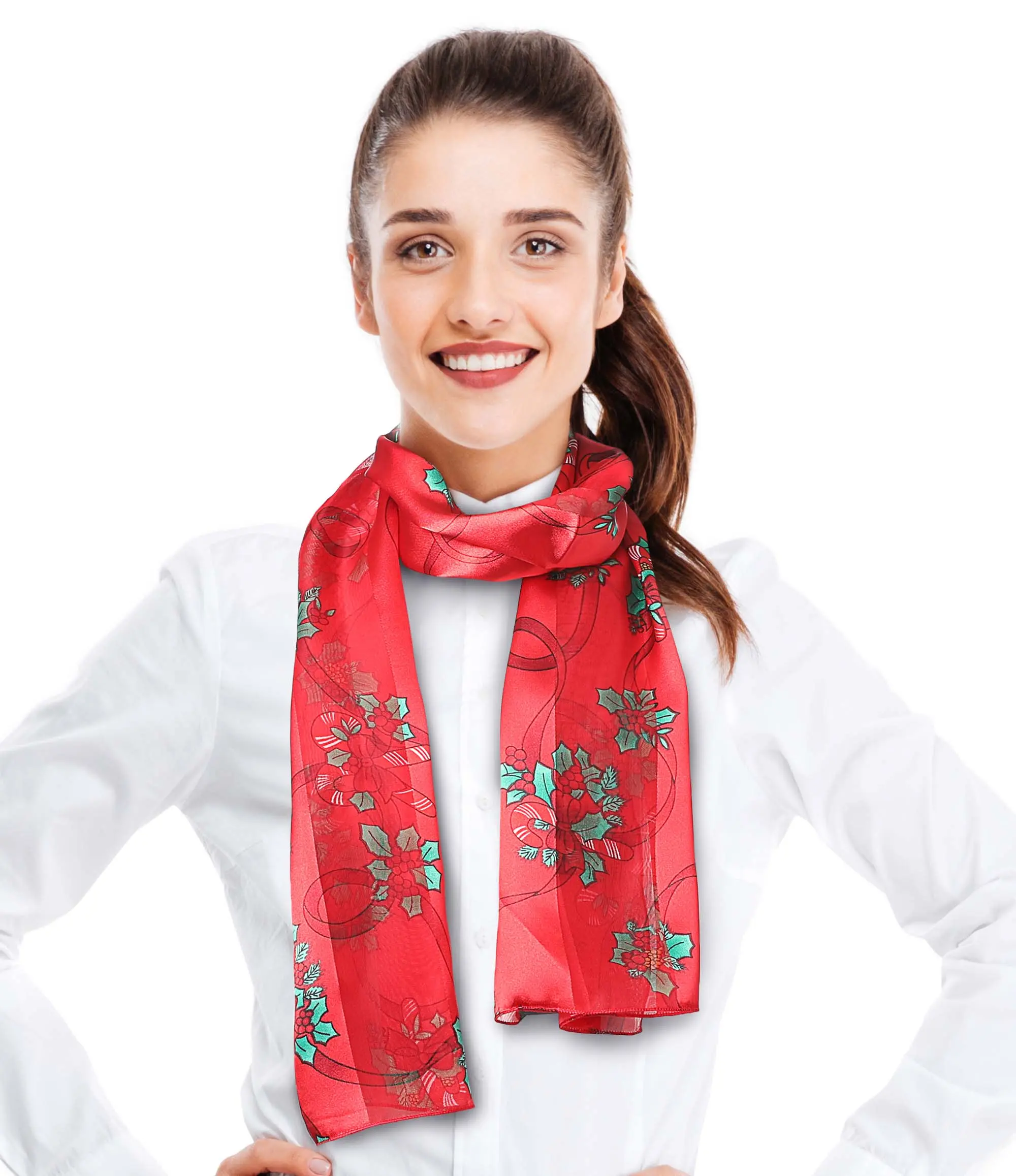 CBC Crown Women's Basic Rectangular Lightweight Christmas Scarf - Red, 13in x 60in Polyester Silk-Feeling Fabric, Candy Cane & Holly Print, Hand Wash Safe for Sensitive Skin, 13" X 60", Female, Silk-Feel Poly