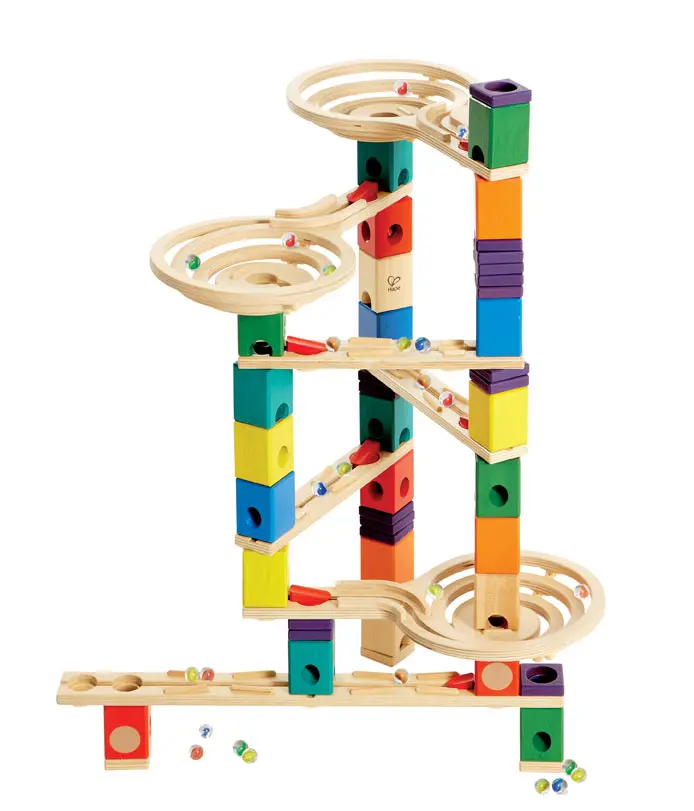 Hape Quadrilla Vertigo Wooden Marble Run Blocks - FSC Certified Birch Wood, 7 Color Blocks, Straightaway Rails, 3 Spiral Funnels, Seesaw, STEAM Learning, Top Toy Award Winner, 8.8 lbs, Child-Safe, Meets European & American Safety Standards, for Kids 4+, N