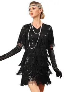 PrettyGuide Women's Flapper Dresses with Sleeves Tiered Long Fringed Sequin 1920s Great Gatsby Cocktail Dress Costume