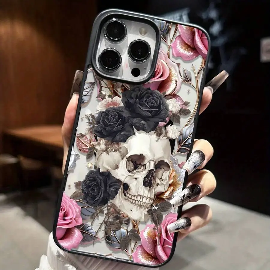Gothic Skull Rose Garden Phone Case, Dark Floral Horror Style for iPhone 17 16 15 14 13 12 11 X Plus Pro Max, Shockproof Gift