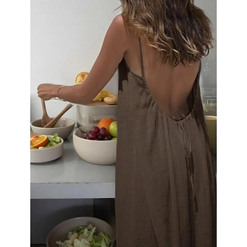 Women's Solid Color Cami Lounge Dress, Elegant Sleeveless Long Dress for Summer, Ladies Sleepwear for Indoor Wear