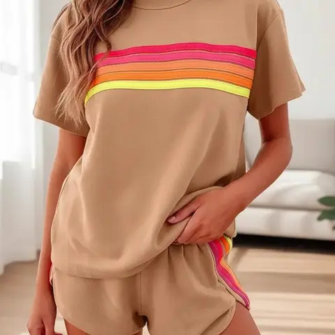 Tongudon Women's 2-Piece Knit Casual Sportswear Set - Crew Neck Top, High Waist Shorts, 50% Viscose Elastane, Moisture-Wicking, Machine Washable, Normal Type, Affordable Summer Dopamine Style Coffee Date Apparel