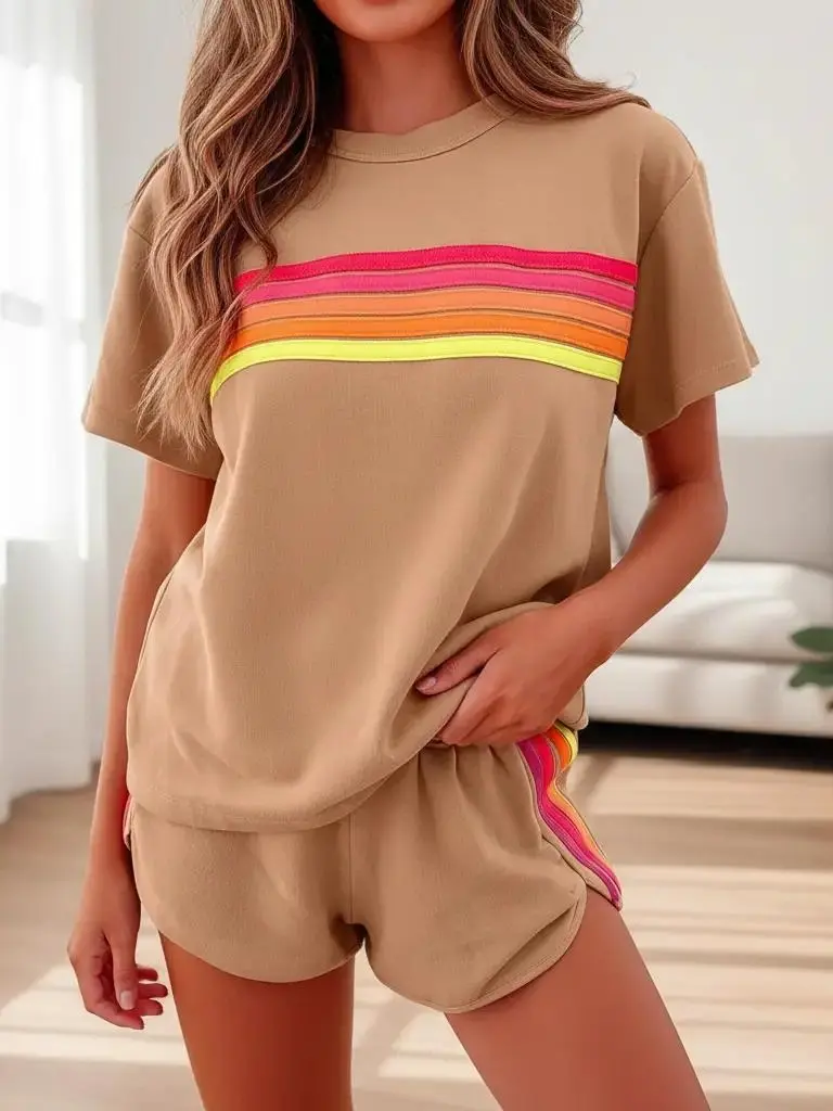 Tongudon Women's Fitted 2-Piece Rainbow Striped Short-Sleeve Round Neck Matching Set - Breathable Dopamine Casual Sweatsuit, Summer Loungewear Activewear Shorts & Top Outfit