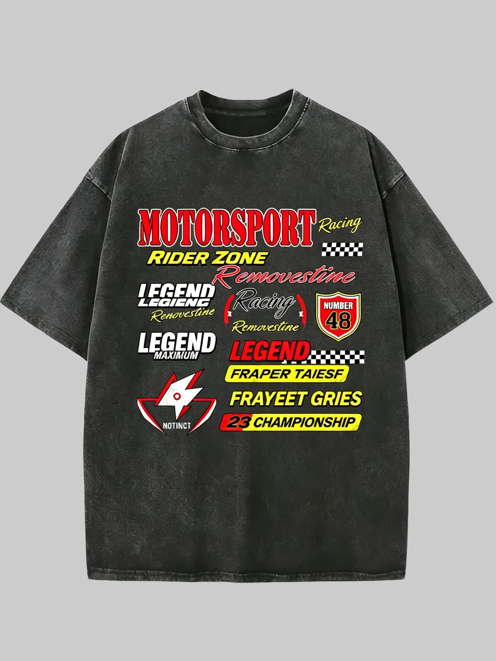 Men's Vintage Motorsport Graphic T-Shirt - Heavyweight Acid Wash Cotton Nascar Theme Crew Neck Short Sleeve Oversized Casual Streetwear Top