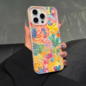 1 piece faux leather pink phone case with colorful pattern anti-dust high-end iPhone series phone case.