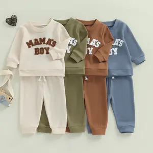 REDWOON Toddler Baby Boy Fall Winter Clothes Mama's Boy Embroidery Waffle Knit Sweatshirt Pullover Tops + Casual Pants Outfit Set