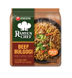 Nongshim Ramyun Chef Korean Beef Bulgogi Instant Stir Fry Ramyun Noodle Food Multi 4 Pack Sweet Savory Soy Sauce Base with Bok Choy & Carrot Flakes