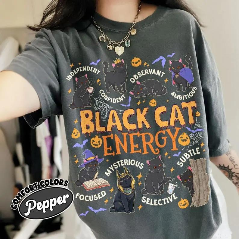 Comfort Colors Black Cat Energy T-Shirt, Funny Halloween Cat Lover Graphic Tee for Women, Cute Spooky Season Shirt, Fall Gift Top