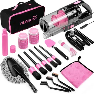 Viewsun 17pcs Car Cleaning Kit, Pink Car Interior Detailing Kit with High Power Handheld Vacuum, Detailing Brush Set, Windshield Cleaner, Cleaning Gel, Complete Auto Accessories for Women Gift