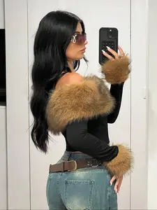 Fluffy Collar Spliced Shoulder Long Sleeve T-Shirt, Fashionable and Elegant, Perfect for Autumn Winter Seasons, Women's Casual Top