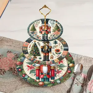 Christmas Nutcracker Tray Set, Stackable Decorative Plates with Soldier Design, Blue Floral Patterns, Perfect Holiday Gift