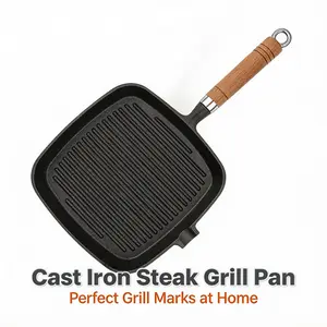 Cast Iron Grill Pan with Wooden Handle, 10 Inch Square Skillet for Steak, Bacon & Veggies, Non-Stick Pre-Seasoned Griddle Pan with Drip Spout, Perfect for Stovetop & Outdoor Cooking, Creates Professional Grill Marks at Home