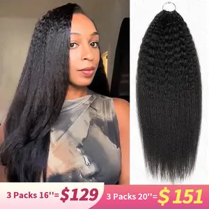 QVR Kinky Straight Machine-Made Feather Human Hair Extension, Natural Black Crochet Piece for Crochet Hairstyles, Human Hair Pieces
