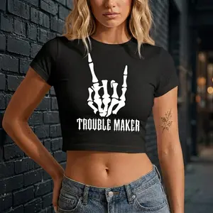 Trouble Maker Baby Tee Crop Top, Trendy Women’s Graphic Tee, Aesthetic Y2K Fitted Shirt, Cute Casual Streetwear Top Gift for Tattoo Lovers