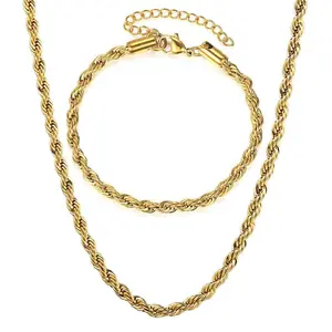 3mm 14K Gold Plated Stainless Steel Rope Chain Necklace Bracelet Set Jewelry 7inch+2inch/18inch-24inch