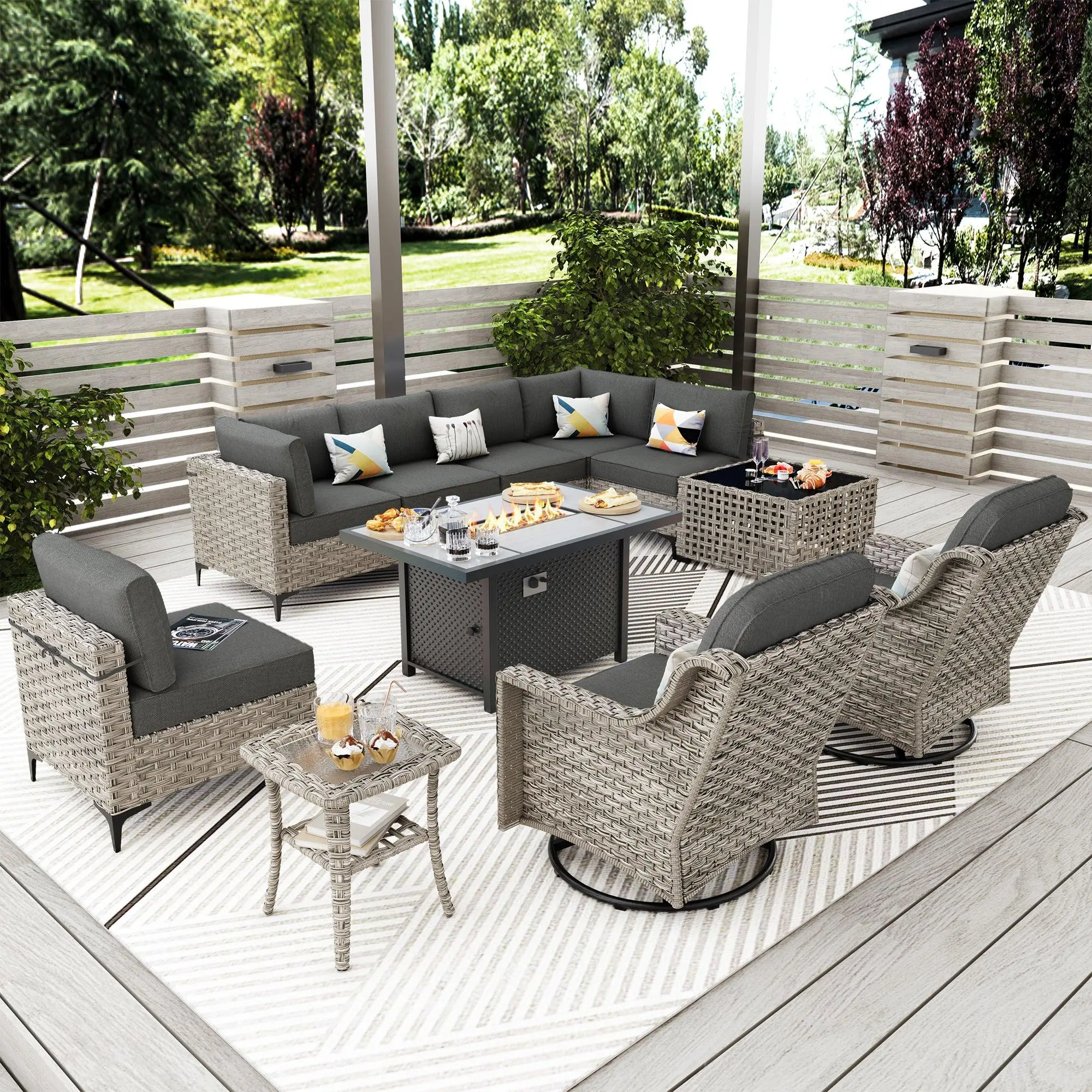 【Summerfinds】Ovios 11-Piece Outdoor Patio Furniture Set with 42" Fire Pit Table, Swivel Rocking Chairs & LED Coffee Table, All-Weather Wicker Rattan Sectional Conversation Set with Cushions for Backyard, Deck, Patio & Porch