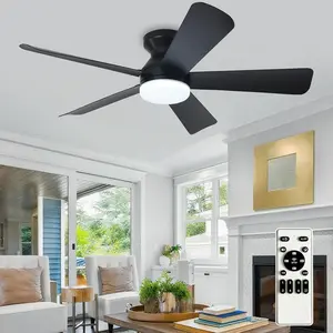 Modern Ceiling Fan with Light: 42-Inch Black Small Fans for Bedroom Indoor Outdoor - Dimmable Low Profile Flush Mount Ceiling Fans with Remote Control, 5 Reversible Black Blades, 6 Speeds Timer