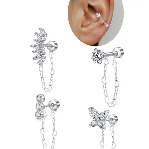 Stainless Steel Cubic Zirconia Butterfly Chain High Quality Earrings Set, Unisex Soft Ear Cartilage Studs, Stud Earrings Jewelry, Sparkling Ear Jewelry, Fashionable Gift for Birthdays, CZ Earrings