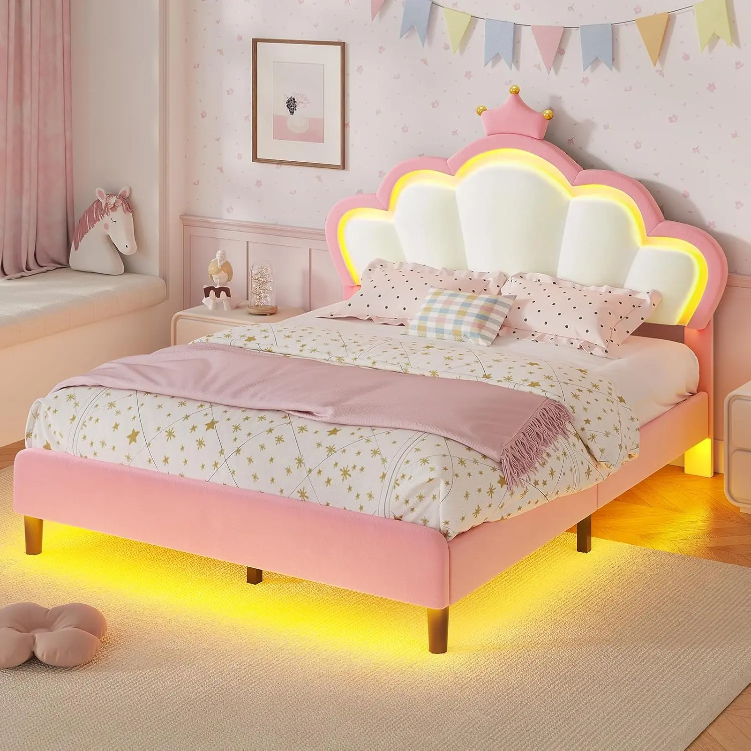 SIKAIC Princess Crown Velvet Upholstered Smart LED Platform Bed Frame with Adjustable Headboard, Twin/Full Sizes, Self-Assembling, No Box Spring Needed, Pink, Illuminated LED-Accented Bed Frame, Smart Led Bed, Full Size Bed