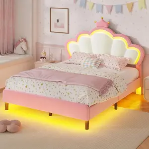 SIKAIC Princess Crown Bed Frame with LED Lights Velvet Upholstered Platform Bed with Adjustable Headboard, No Box Spring Needed, Pink