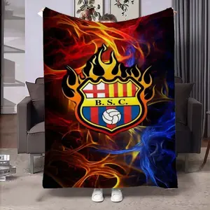 Barcelona Red and Blue Badge Creative Themed Pattern Blanket , Ultra-Soft, Flannel Material, Winter Warmth, Suitable for All Seasons, Multi-Functional Soft Nap Blanket, Sofa Throw, Warm Companion, Suitable for Office, Dorm, Bed, and Travel  Lightweight