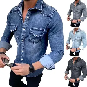 Vintage Solid Color Men Washed Denim Shirt 2024 Autumn Causal Full Sleeve Turn Down Collar Single Breasted Multi Pockets Coat