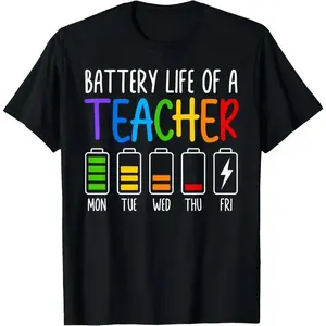 Men's 100% Cotton Casual Short-Sleeve Round Neck Soft T-Shirt - DTF Printing Menswear, Funny "Battery Life Of A Teacher" School Teacher Appreciation Top