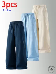 3-pack men’s pure cotton long pants: loose straight casual pants, sweatpants/joggers, featuring a drawstring waistband design. Available in multiple colors. Suitable for home lounging, daily commuting, outdoor walks, short trips, camping—versatile casual