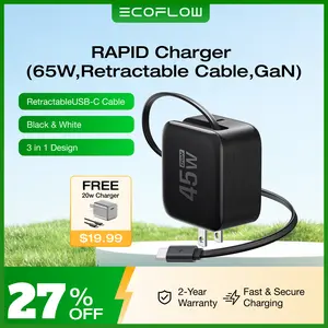 EF ECOFLOW 45W USB C Charger with Retractable Cable, 3-in-1 GaN Phone Charger with Type C Cable, 2-Port Fast Charger Compatible with iPhone 16 Pro Max, iPad Pro/Air, Galaxy S25, Steam Deck (White)