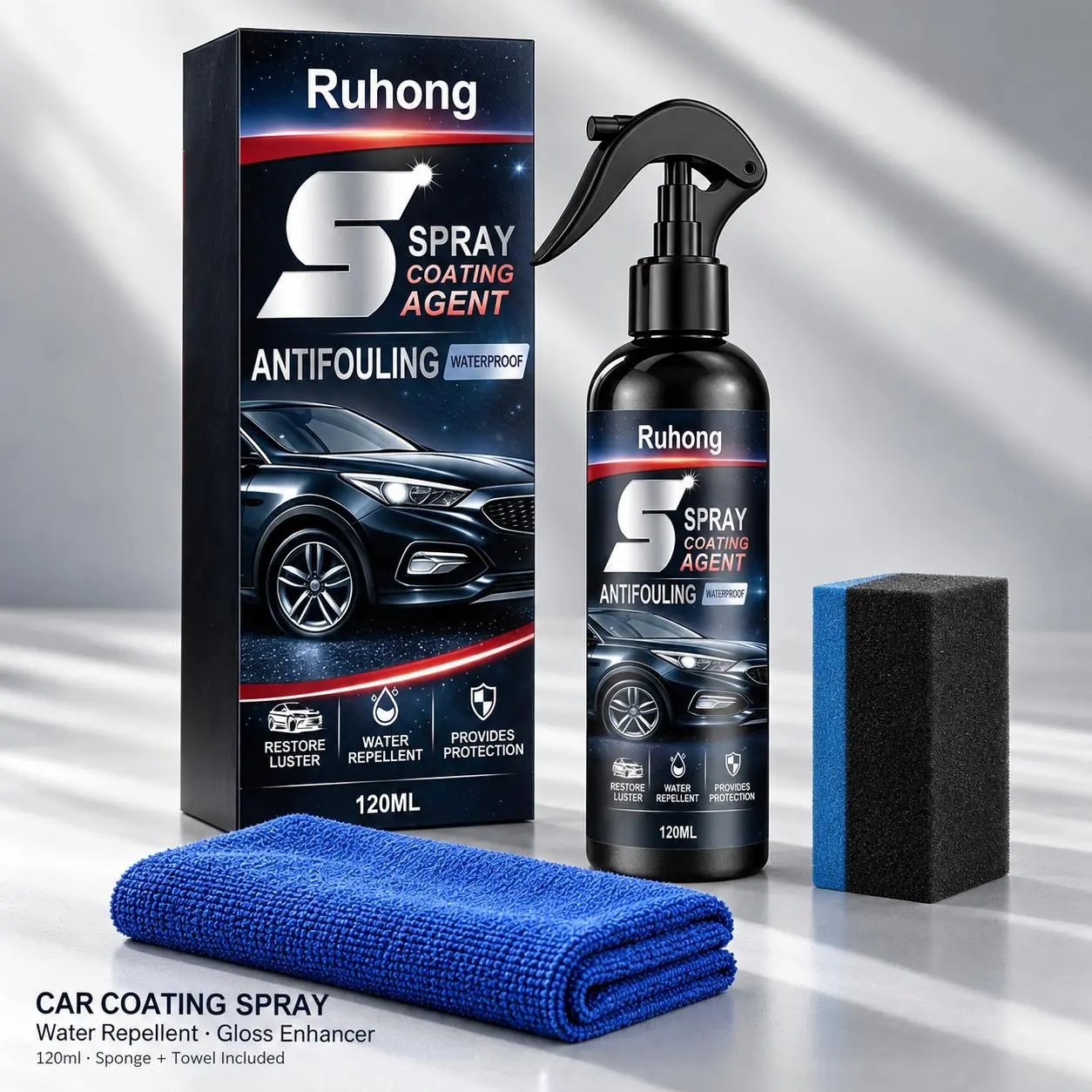 Car Ceramic Coating Spray, Nano Paint Sealant for High Gloss Shine, Hydrophobic Water Repellent, Dust Resistance and Long-Lasting Paint Protection, DIY Car Detailing Kit with Sponge and Towel, 120ml (4.06 fl oz)