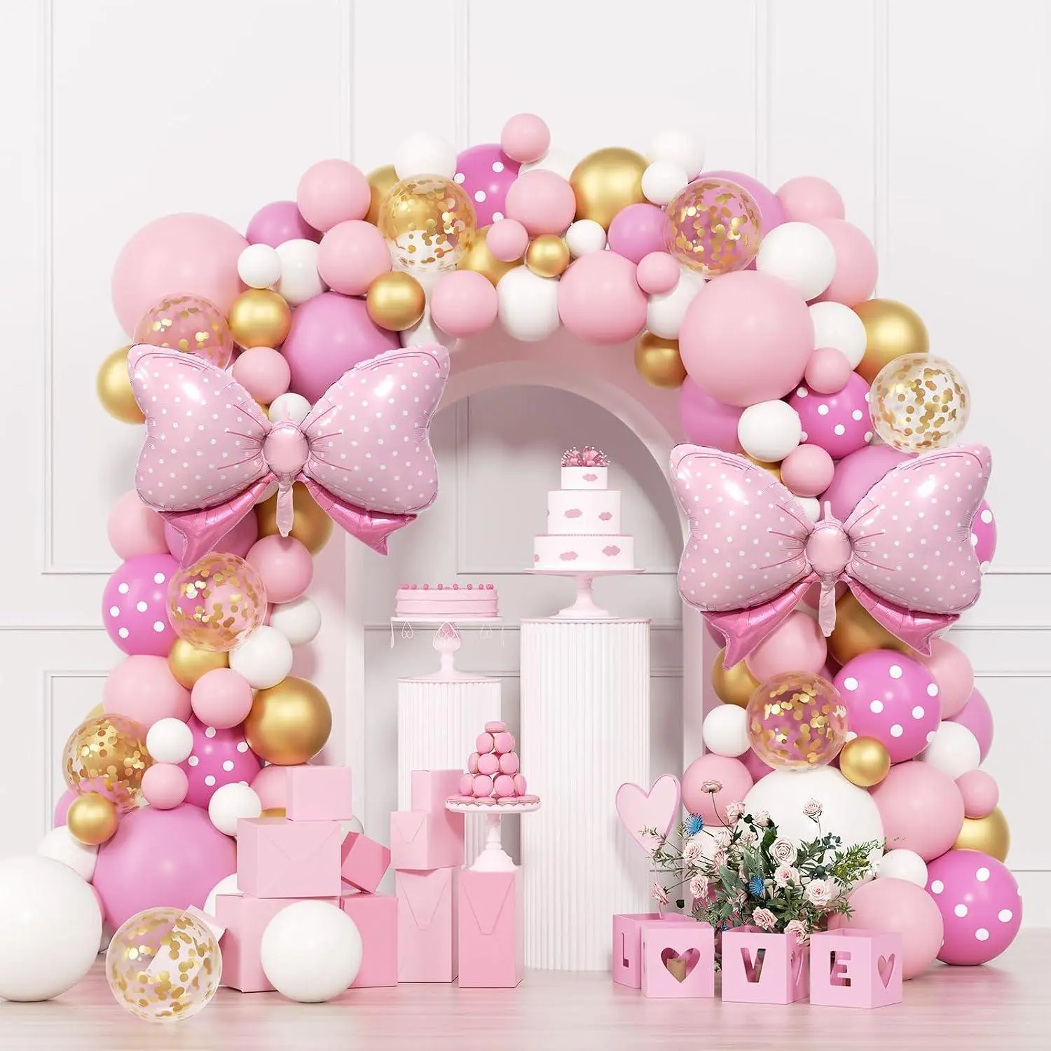 Pink Mouse Balloon Garland Arch Kit For Cartoon Mouse Theme Birthday Party Decorations Girl Kids, Pink White Red Bow Foil Balloons For Mouse Baby Shower Party Decorations