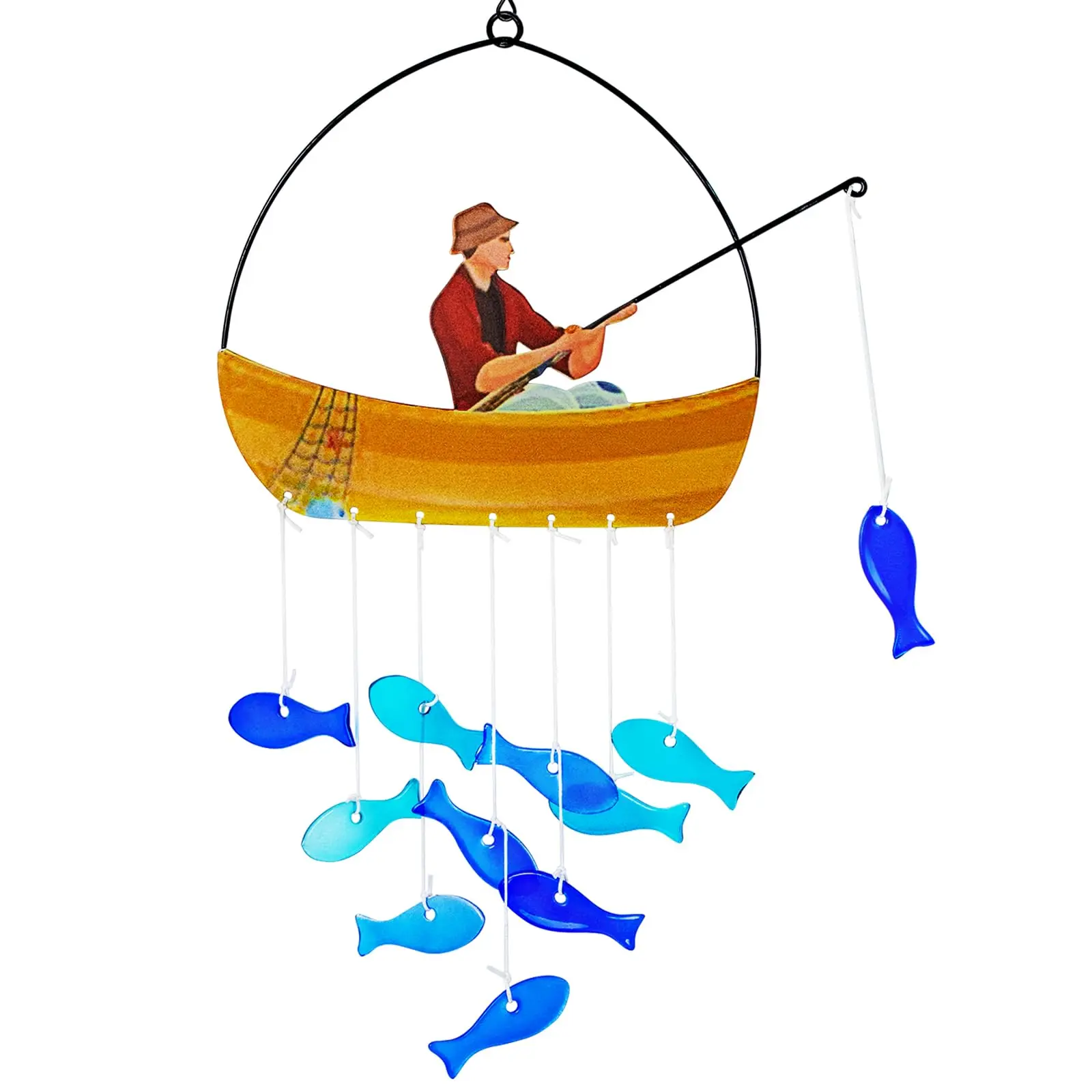 21 Inch Outdoor Fish-Shaped Wind Chime, Blue Sea Glass Garden Decor, Sunflower Hanging Ornament, Outdoor Wind Chimes, Gift for Women, Mom, Grandma, Unisex