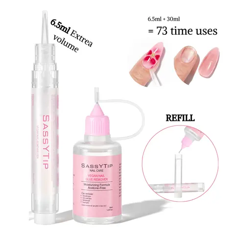 SASSYTIP Reusable Refillable Manicure Nail Glue Remover Pen Bottle (6.5ml,30ml) - Vegan, Cruelty-Free, Acetone-Free Debonder, Pocket-Sized On-the-Go Tool, Lifts Press On Nails, Works on Gel/Polish, Leaves Clean Surface