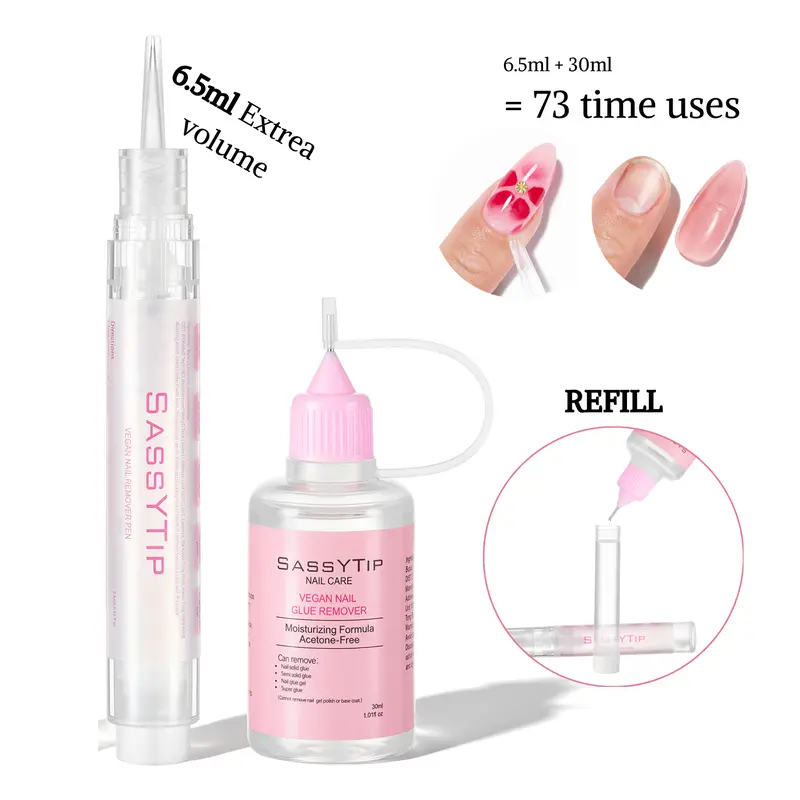 SASSYTIP Reusable Refillable Manicure Nail Glue Remover Pen Bottle (6.5ml,30ml) - Vegan, Cruelty-Free, Acetone-Free Debonder, Pocket-Sized On-the-Go Tool, Lifts Press On Nails, Works on Gel/Polish, Leaves Clean Surface