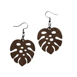 Monstera Leaf Earrings - Brown Wooden Dangle Earrings with Hook Closure, Perfect for Everyday Wear